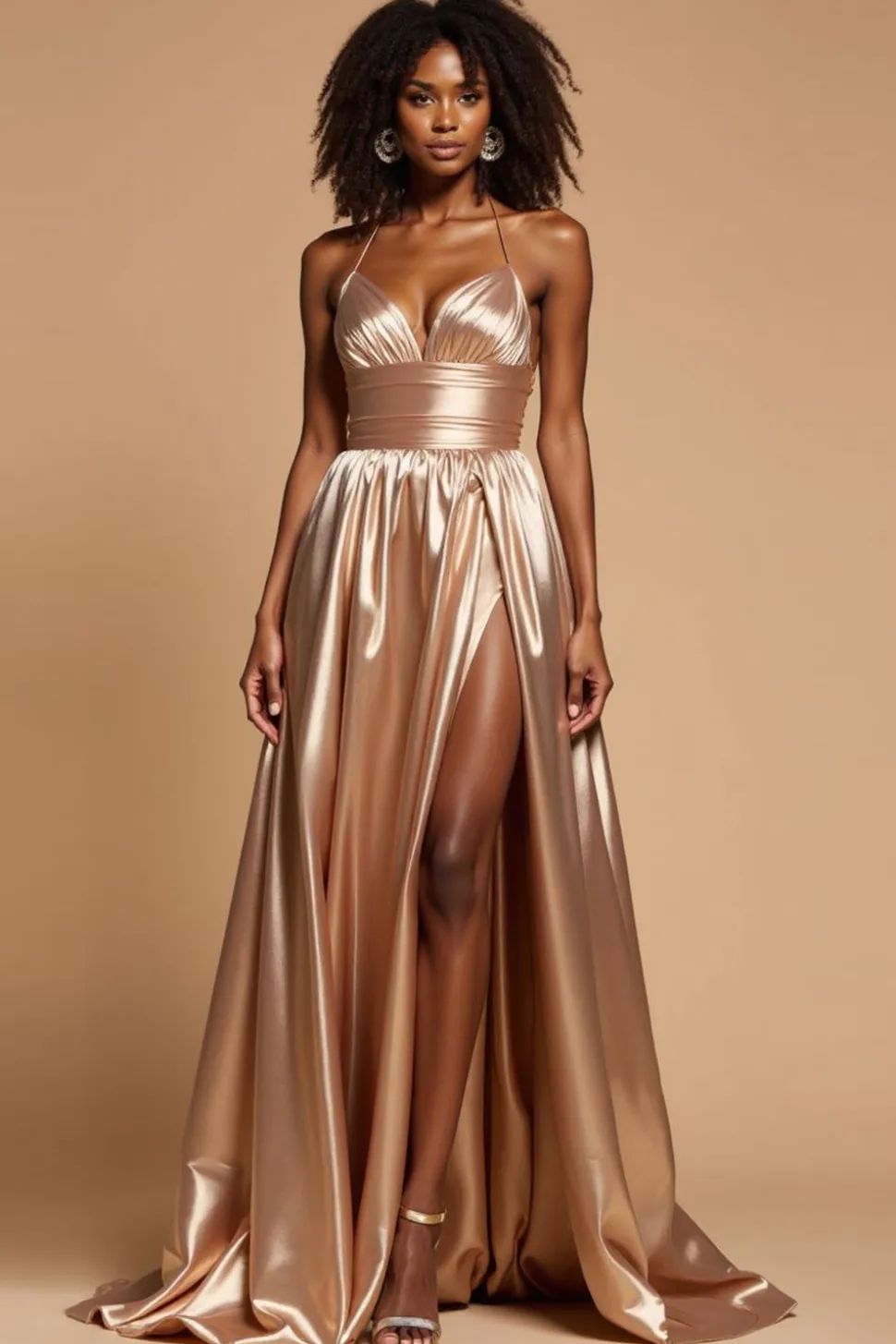 Dourado Linha-A Alças Finas Cetim Plissado Longo Vestido de Baile com Fenda