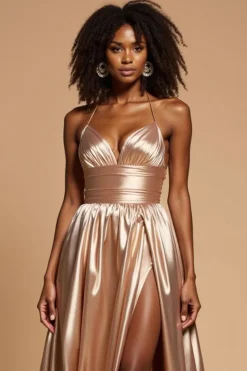 Dourado Linha-A Alças Finas Cetim Plissado Longo Vestido de Baile com Fenda
