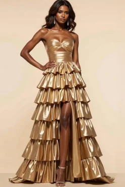 Dourado Linha-A Sem Alças Babados Longo Vestidos Baile De Finalistas com fenda