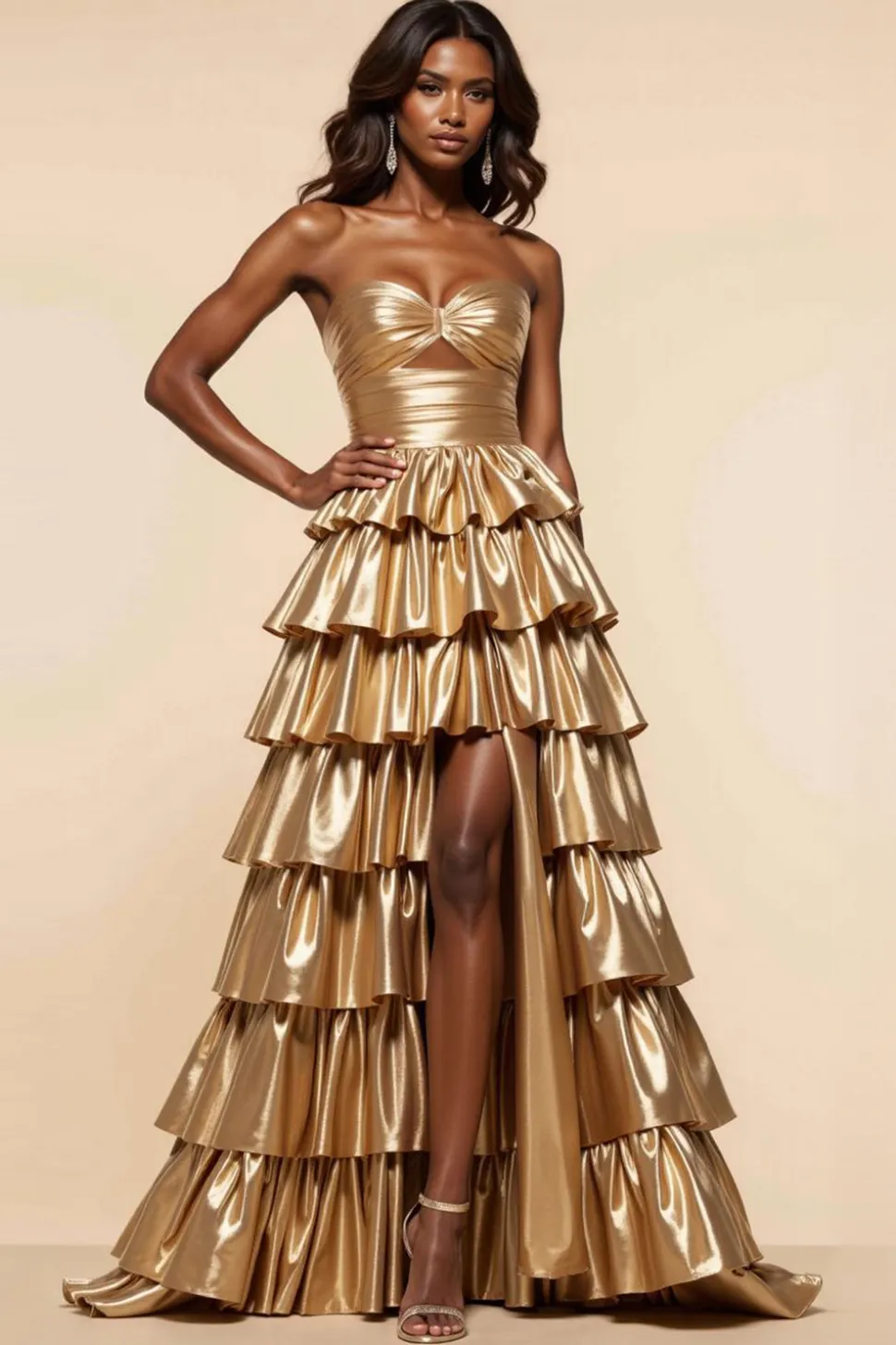 Dourado Linha-A Sem Alças Babados Longo Vestidos Baile De Finalistas com fenda