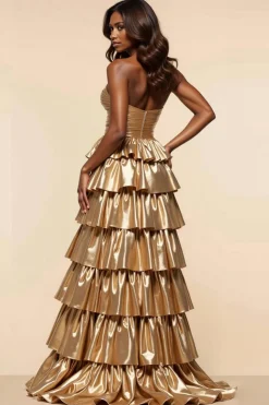 Dourado Linha-A Sem Alças Babados Longo Vestidos Baile De Finalistas com fenda
