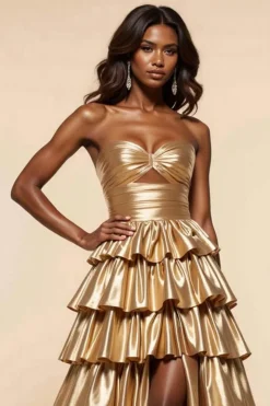 Dourado Linha-A Sem Alças Babados Longo Vestidos Baile De Finalistas com fenda