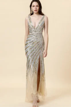 Dourado Sereia Lantejoulas Decote em V Longo Vestido De Baile
