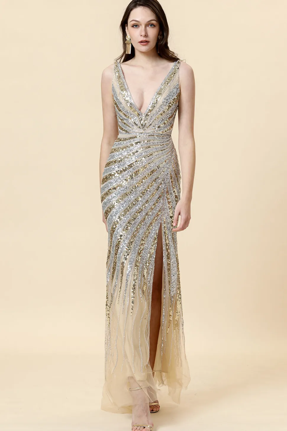 Dourado Sereia Lantejoulas Decote em V Longo Vestido De Baile