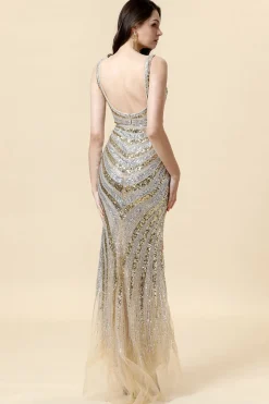 Dourado Sereia Lantejoulas Decote em V Longo Vestido De Baile