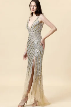 Dourado Sereia Lantejoulas Decote em V Longo Vestido De Baile
