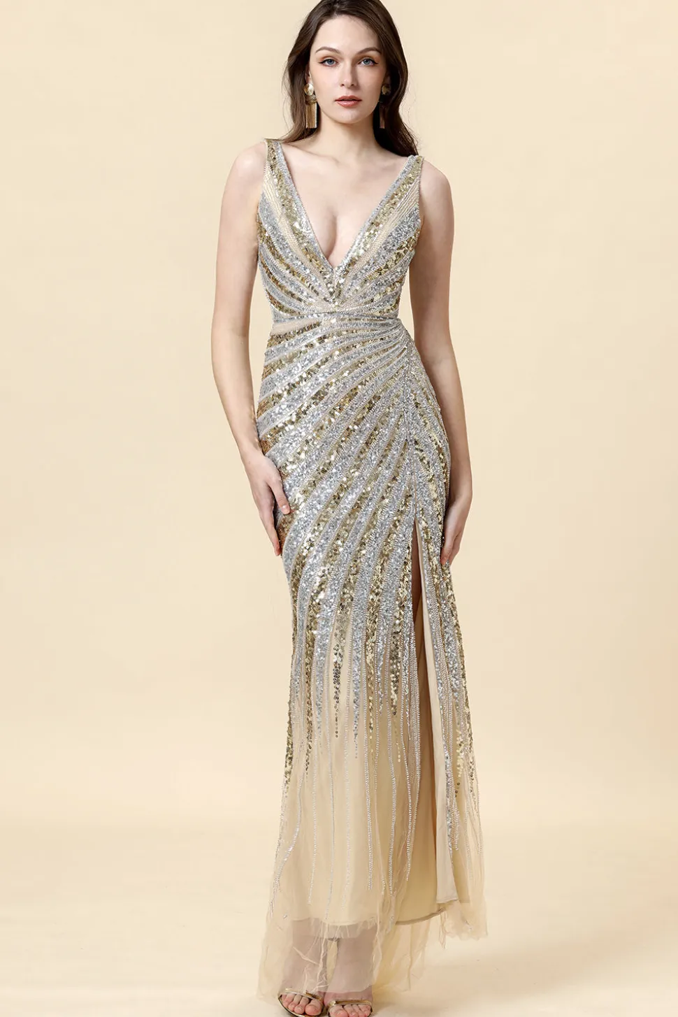 Dourado Sereia Lantejoulas Decote em V Longo Vestido De Baile
