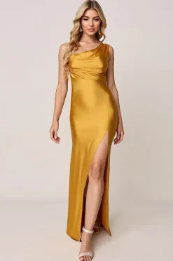 Dourado Um Ombro Bainha Cetim Longos Vestidos de Damas de Honor com Fenda