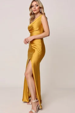 Dourado Um Ombro Bainha Cetim Longos Vestidos de Damas de Honor com Fenda
