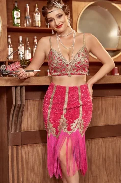 Duas peças Fuchsia Gatsby 1920 Flapper Dress With Fringes