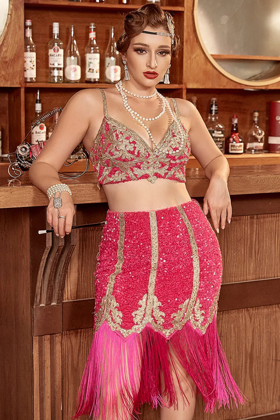 Duas peças Fuchsia Gatsby 1920 Flapper Dress With Fringes