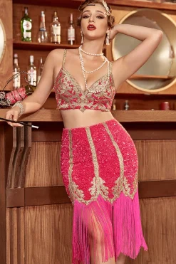 Duas peças Fuchsia Gatsby 1920 Flapper Dress With Fringes
