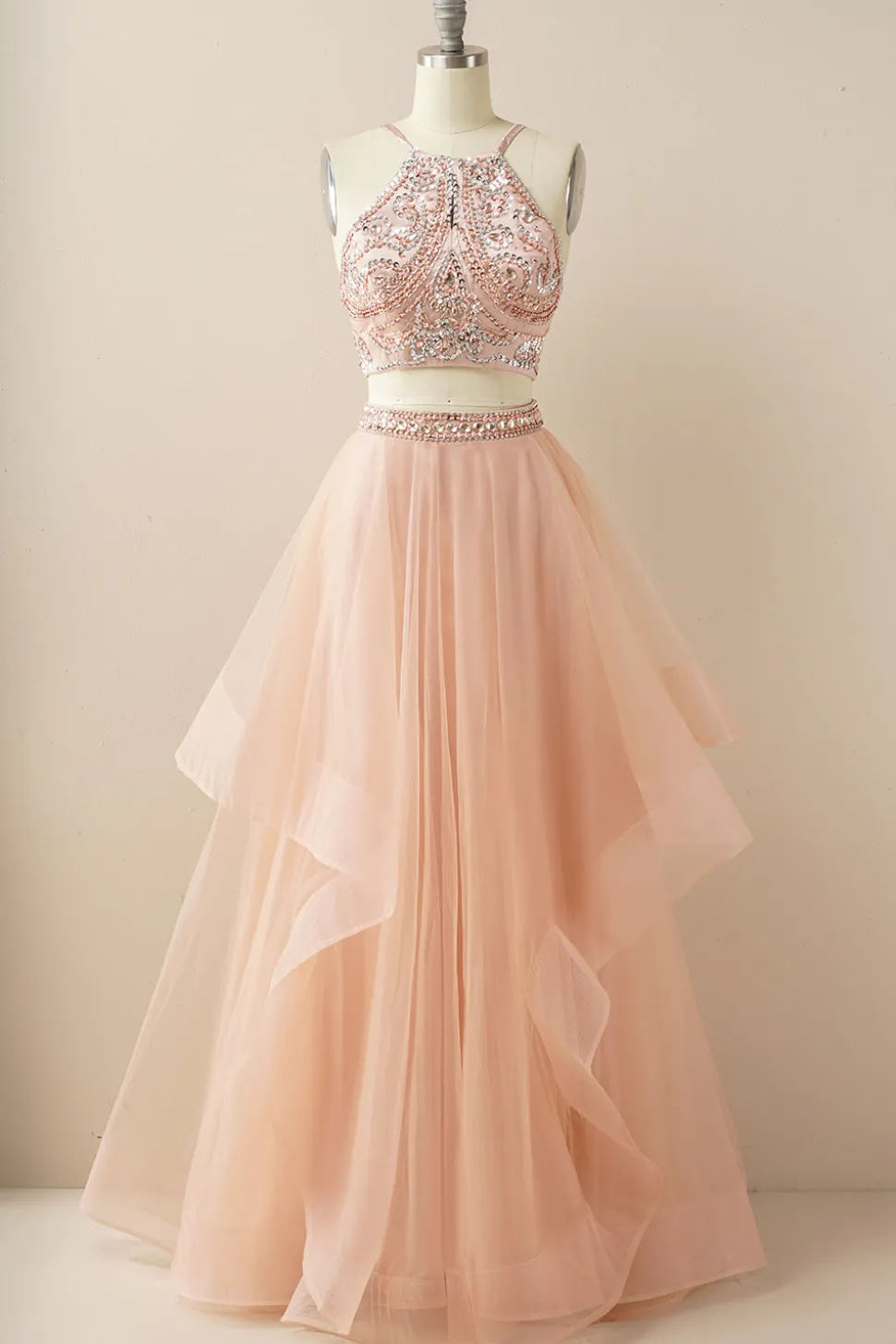 Duas peças Halter Beaded Vestido de baile