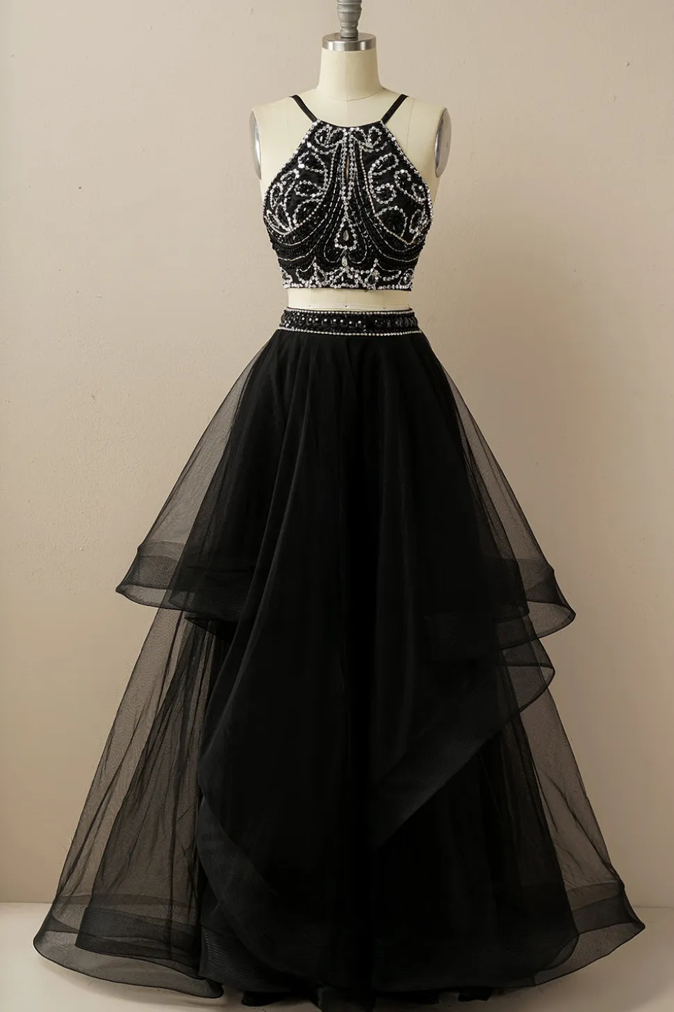 Duas peças Halter Beaded Vestido de baile