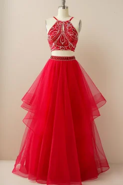 Duas peças Halter Beaded Vestido de baile