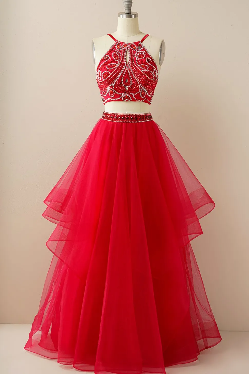 Duas peças Halter Beaded Vestido de baile