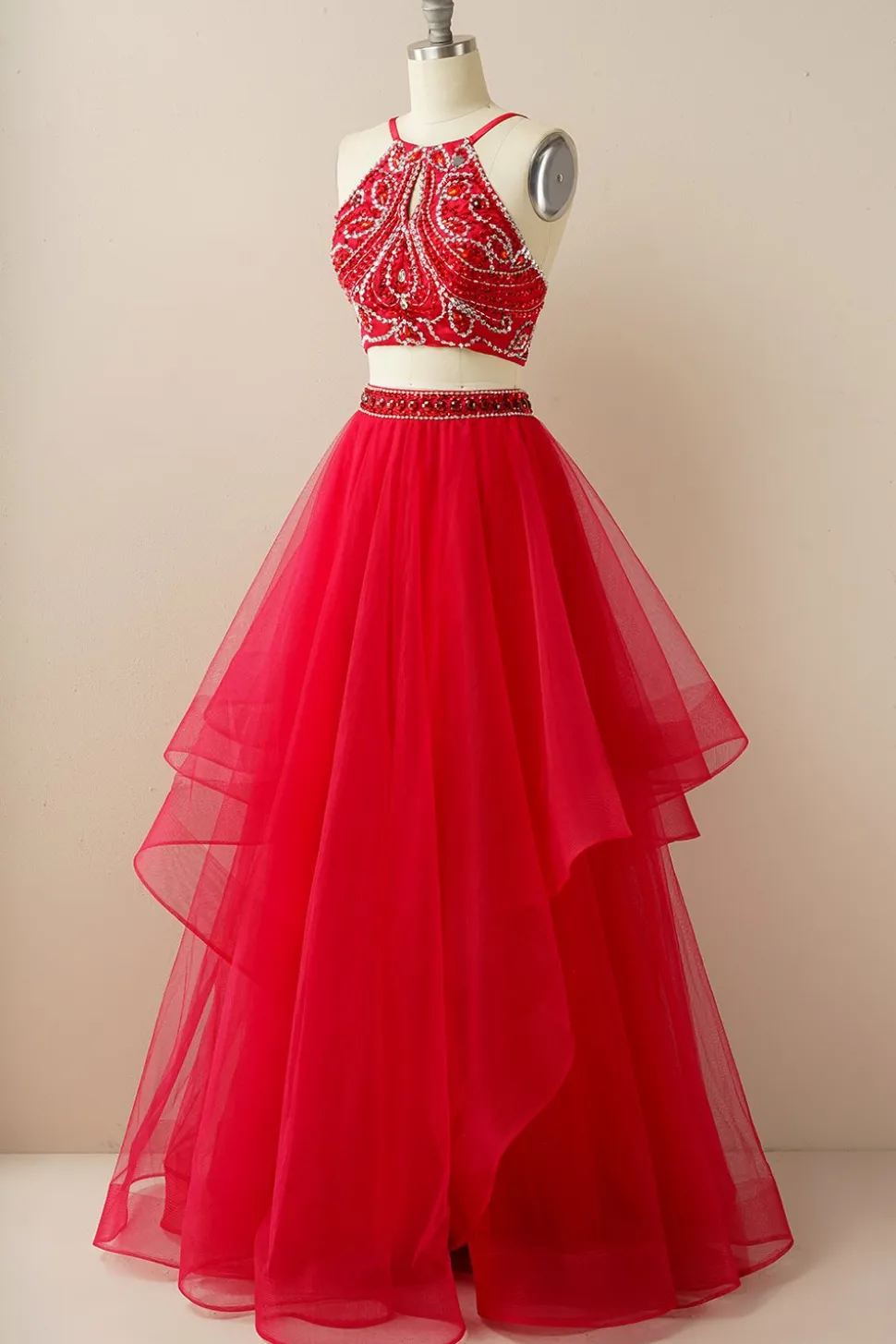 Duas peças Halter Beaded Vestido de baile