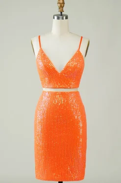 Duas peças laranja Sequins apertado Homecoming Dress