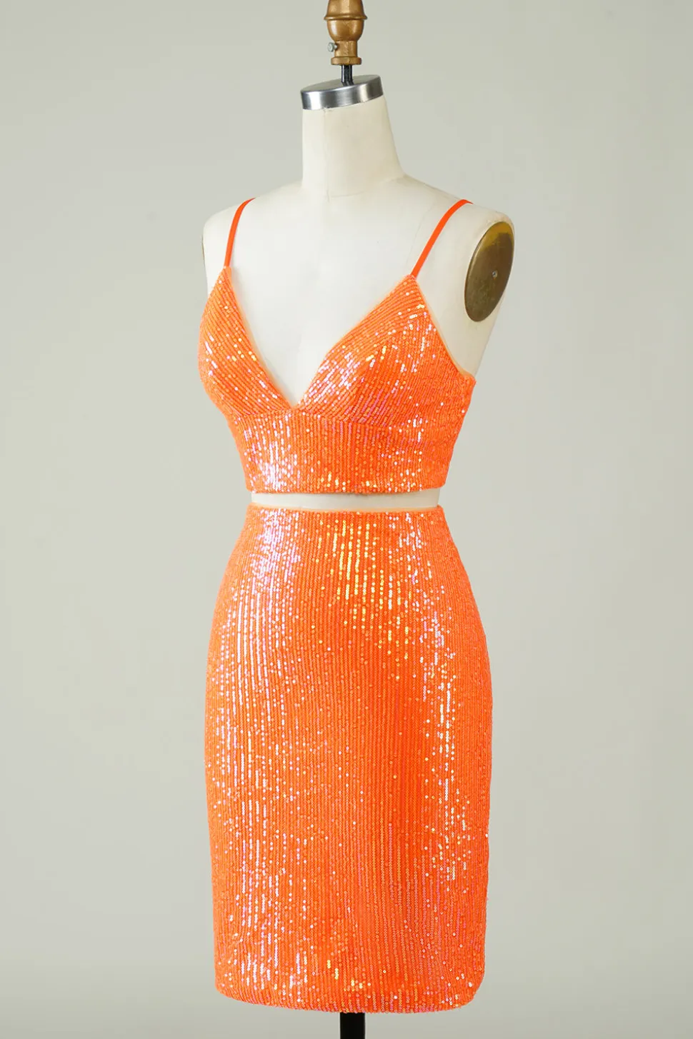 Duas peças laranja Sequins apertado Homecoming Dress