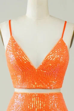 Duas peças laranja Sequins apertado Homecoming Dress