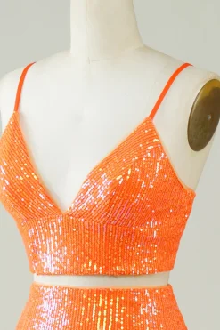 Duas peças laranja Sequins apertado Homecoming Dress