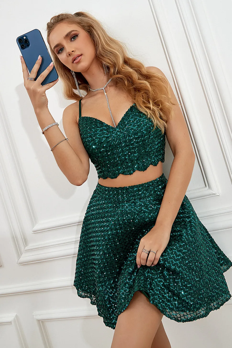 Duas tiras de espaguete de duas peças Vestido de Festa Curto Azul Royal
