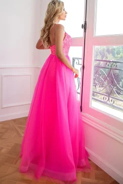 Duas tiras de espaguete de duas peças Fuchsia Vestido de baile com frente dividida