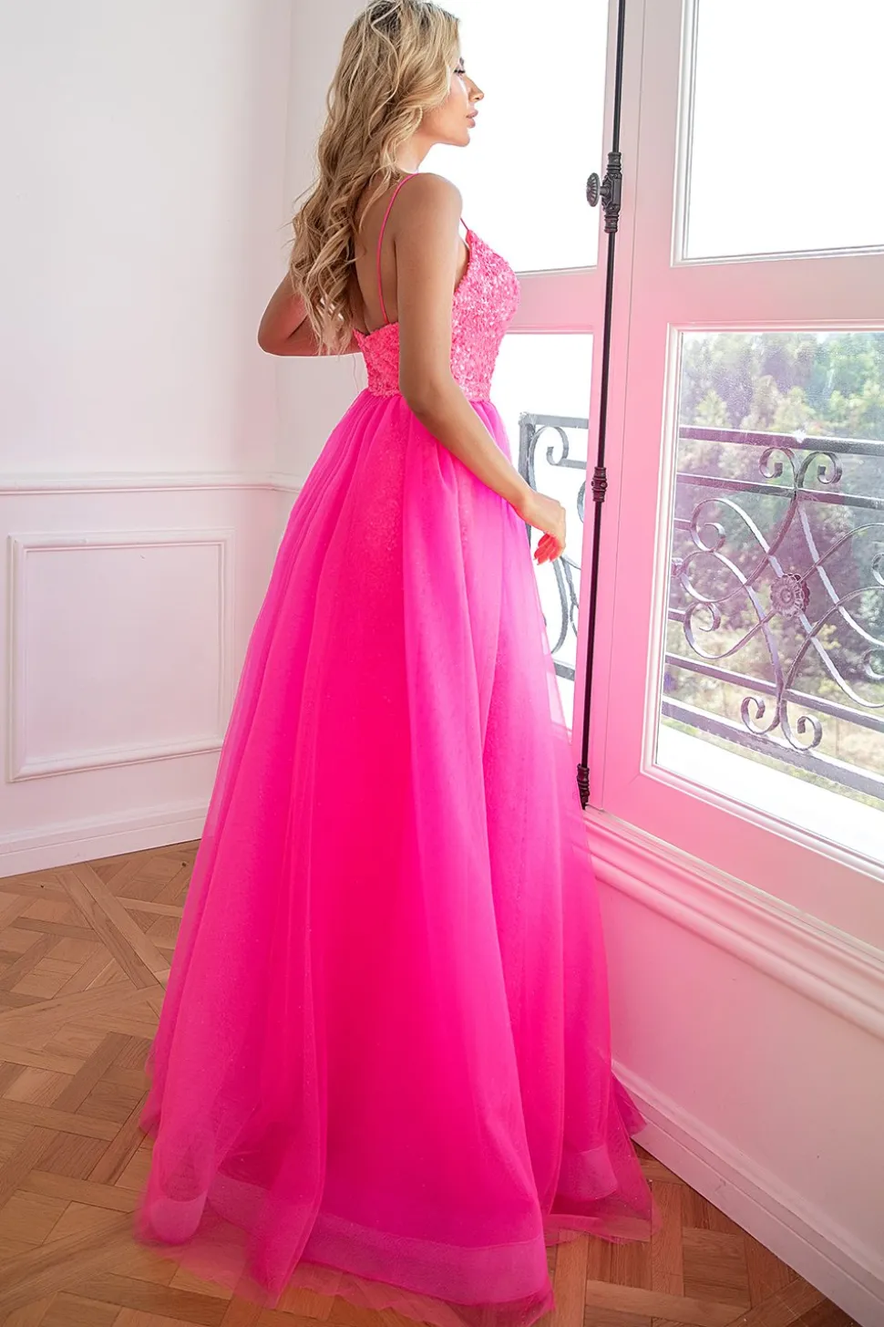 Duas tiras de espaguete de duas peças Fuchsia Vestido de baile com frente dividida
