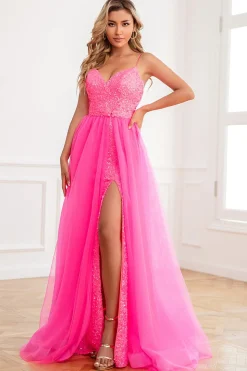 Duas tiras de espaguete de duas peças Fuchsia Vestido de baile com frente dividida