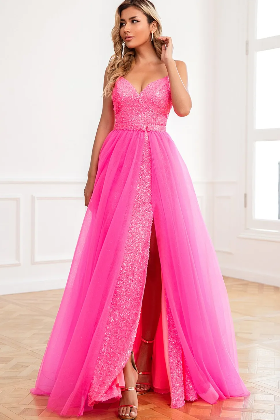 Duas tiras de espaguete de duas peças Fuchsia Vestido de baile com frente dividida