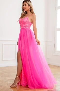 Duas tiras de espaguete de duas peças Fuchsia Vestido de baile com frente dividida