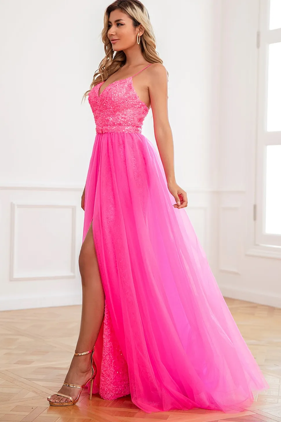 Duas tiras de espaguete de duas peças Fuchsia Vestido de baile com frente dividida