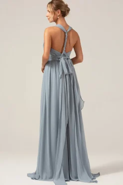 Dusty azul conversível Boho Chiffon longo vestido de dama de honra da maternidade