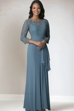 Dusty Blue 3/4 Manga Lace Chiffon Mãe do Vestido da Noiva