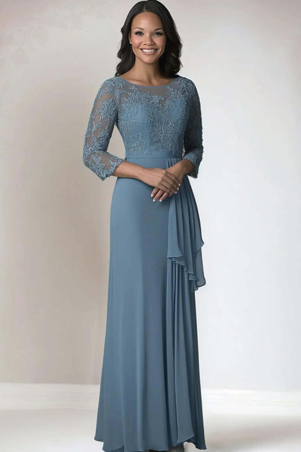 Dusty Blue 3/4 Manga Lace Chiffon Mãe do Vestido da Noiva