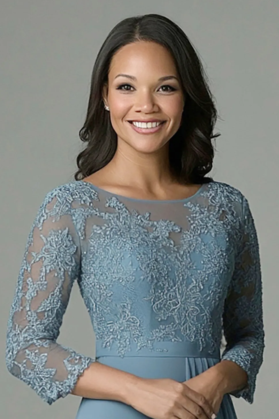 Dusty Blue 3/4 Manga Lace Chiffon Mãe do Vestido da Noiva