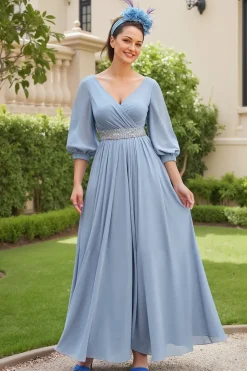 Dusty Blue A Line 3/4 Manga Chiffon Vestido de Noiva com Missangas