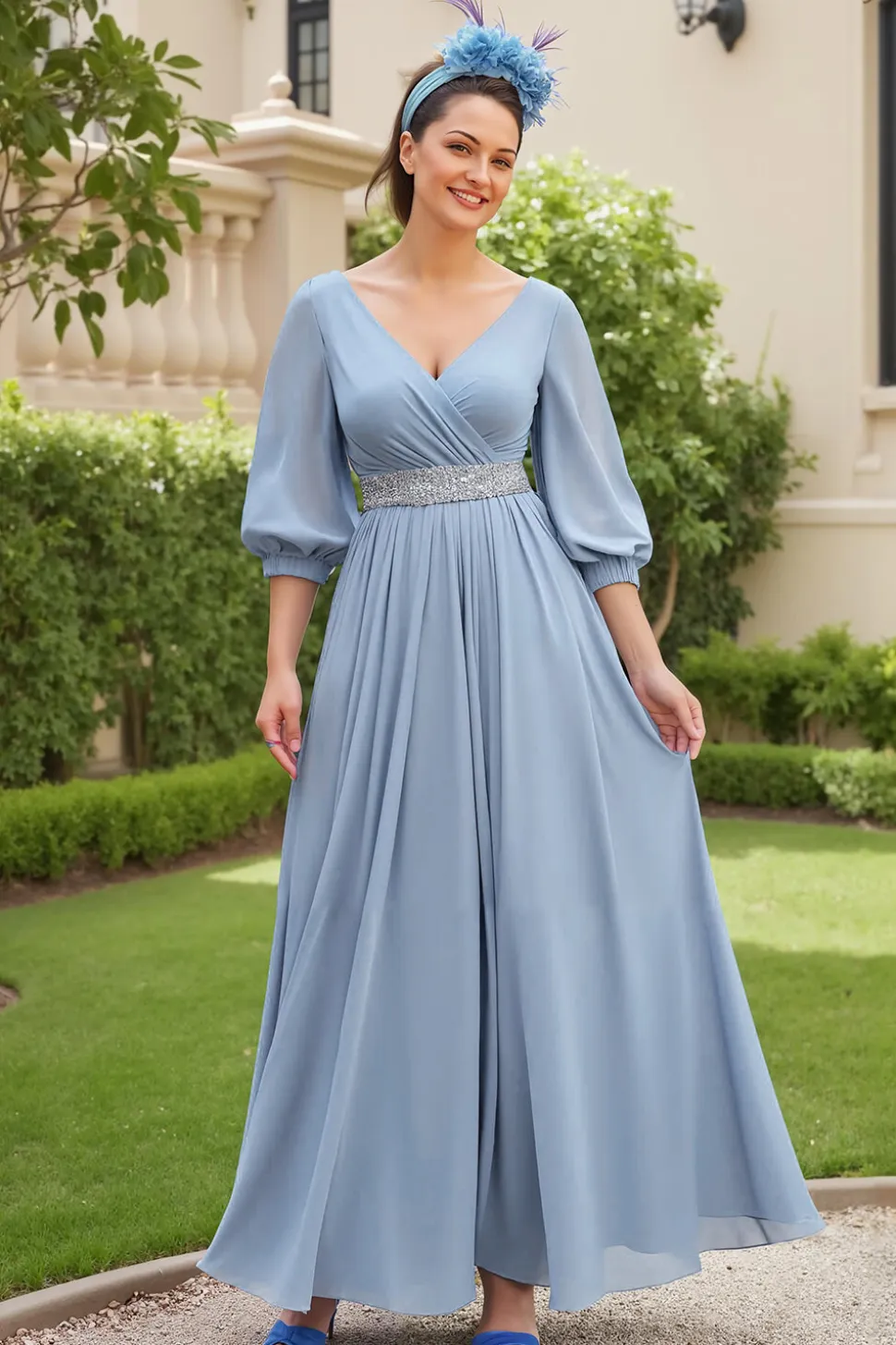 Dusty Blue A Line 3/4 Manga Chiffon Vestido de Noiva com Missangas