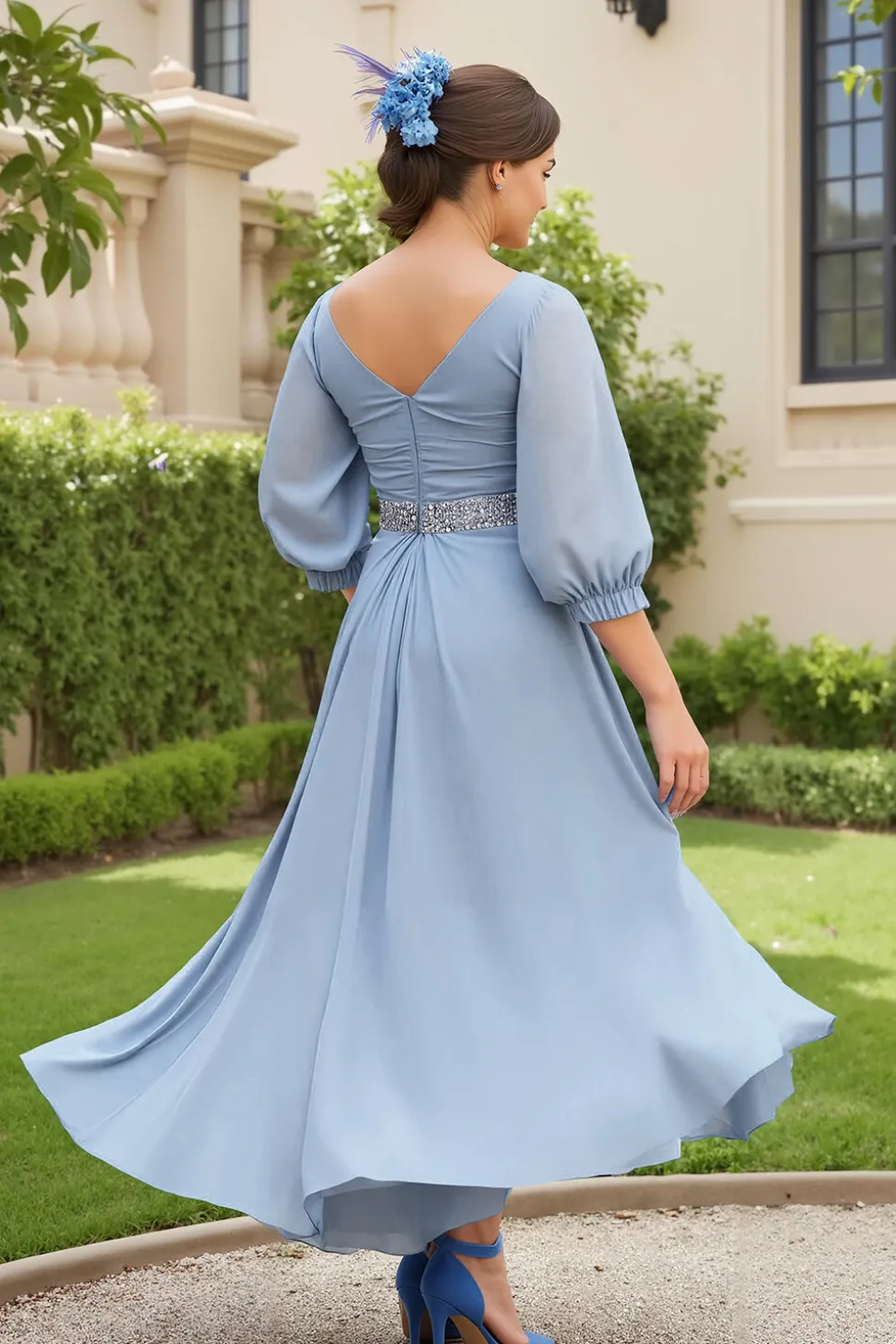Dusty Blue A Line 3/4 Manga Chiffon Vestido de Noiva com Missangas
