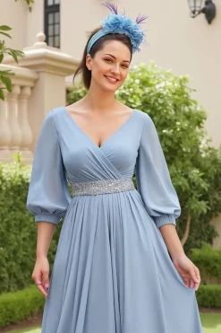 Dusty Blue A Line 3/4 Manga Chiffon Vestido de Noiva com Missangas