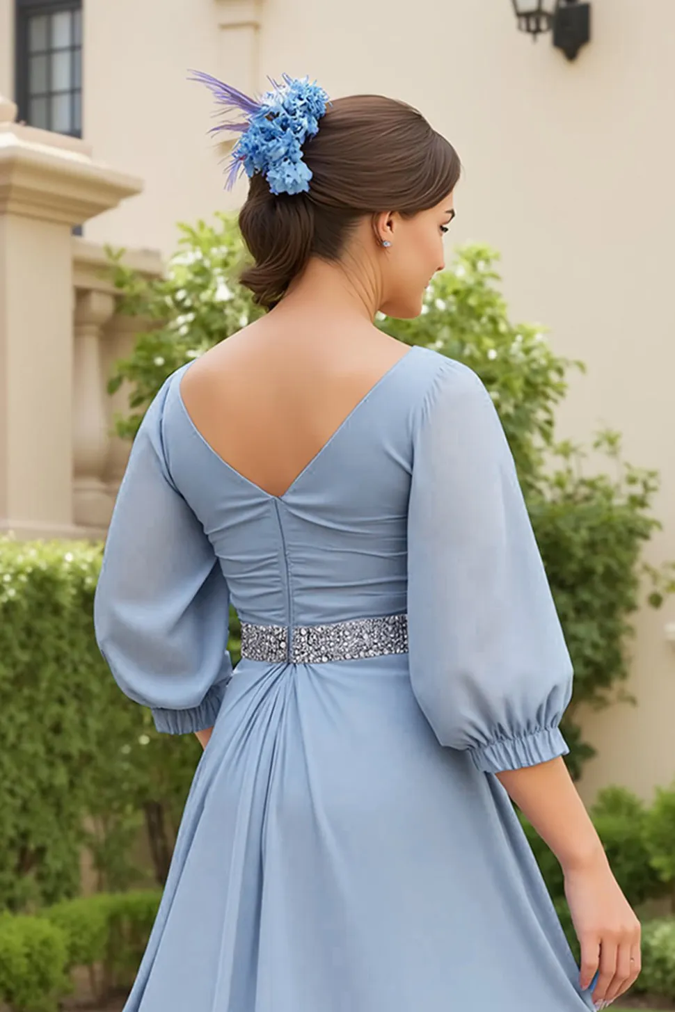Dusty Blue A Line 3/4 Manga Chiffon Vestido de Noiva com Missangas