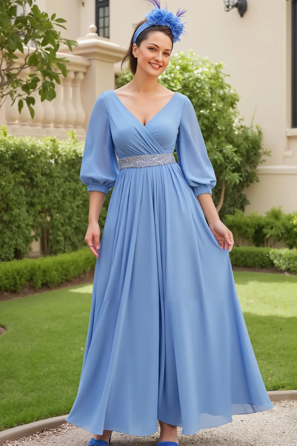Dusty Blue A Line 3/4 Manga Chiffon Vestido de Noiva com Missangas