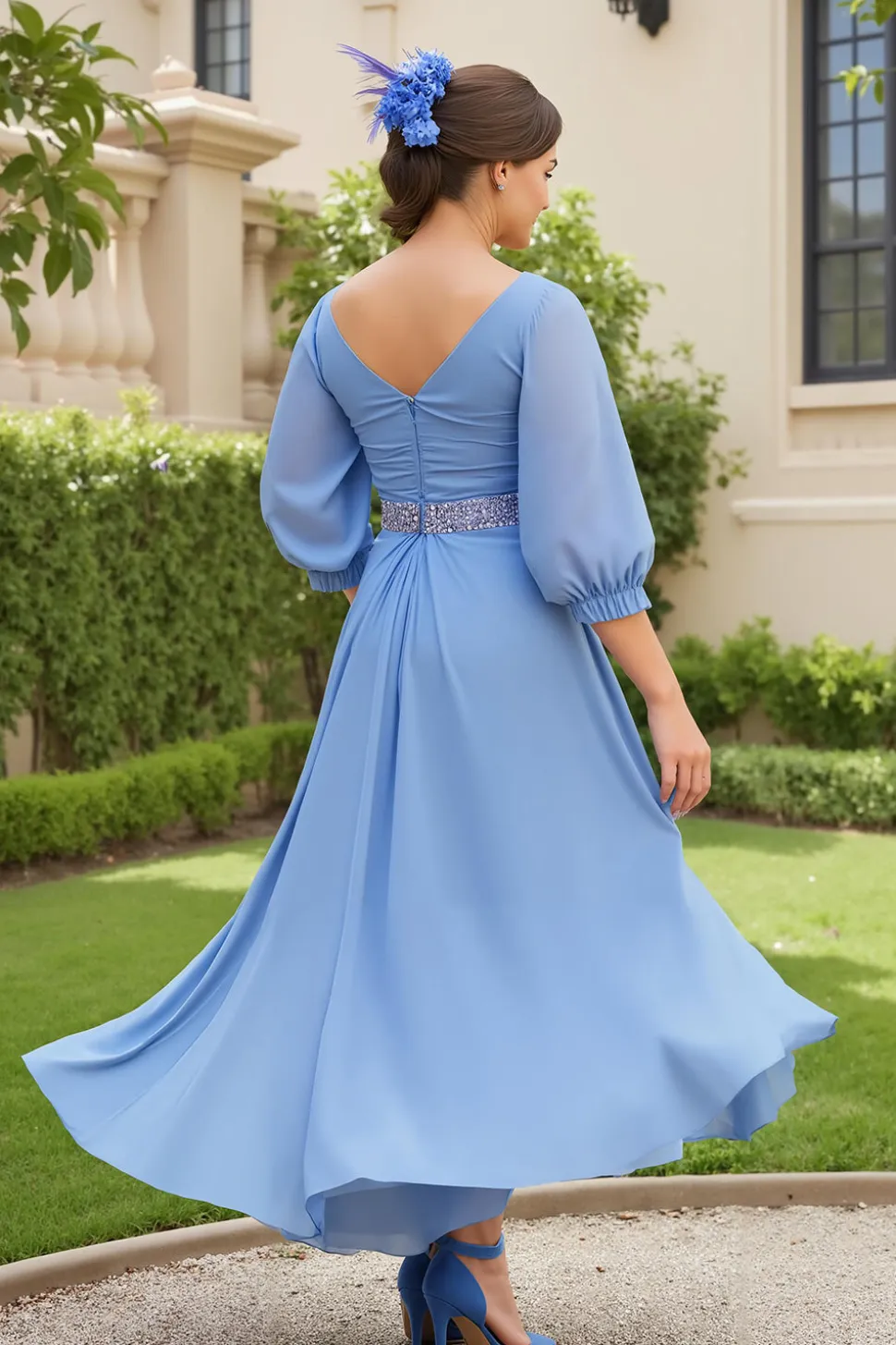Dusty Blue A Line 3/4 Manga Chiffon Vestido de Noiva com Missangas