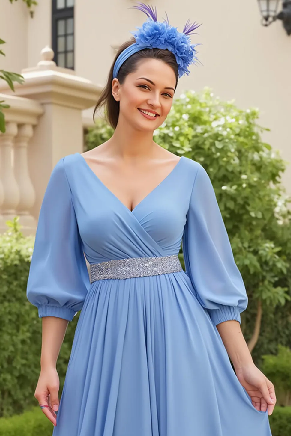 Dusty Blue A Line 3/4 Manga Chiffon Vestido de Noiva com Missangas