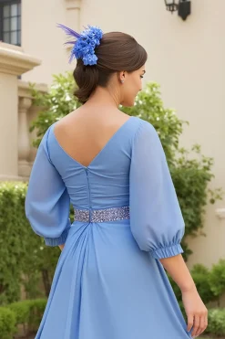 Dusty Blue A Line 3/4 Manga Chiffon Vestido de Noiva com Missangas