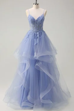 Dusty Blue A Line Espaghetti Straps Corset Spiral Ruffles Long Prom Dress