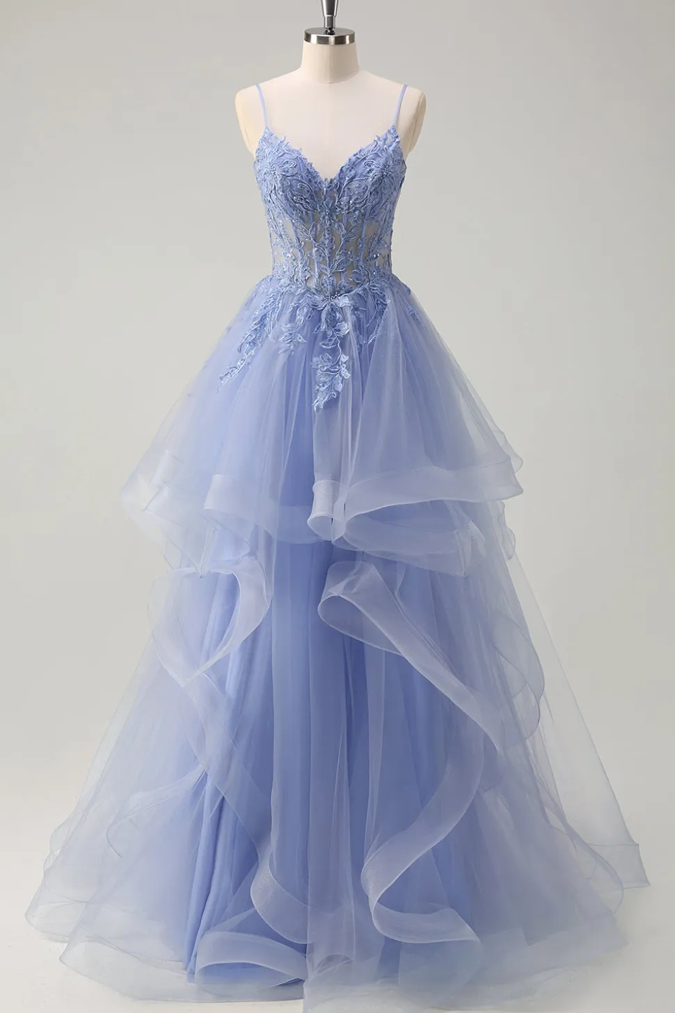 Dusty Blue A Line Espaghetti Straps Corset Spiral Ruffles Long Prom Dress