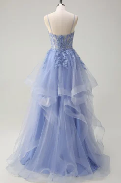 Dusty Blue A Line Espaghetti Straps Corset Spiral Ruffles Long Prom Dress