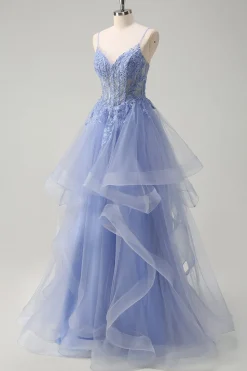 Dusty Blue A Line Espaghetti Straps Corset Spiral Ruffles Long Prom Dress