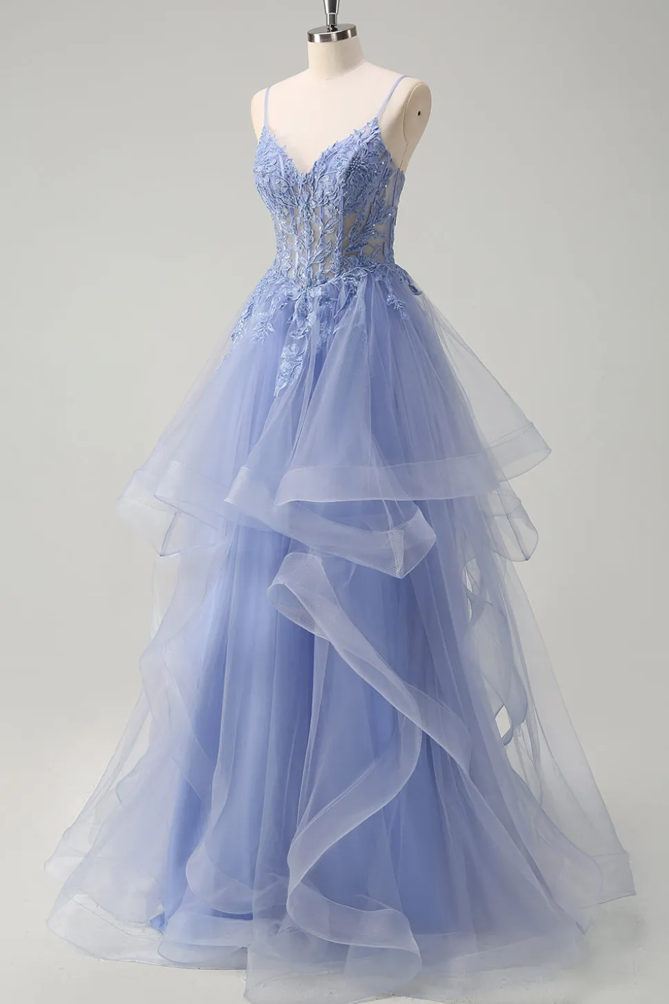 Dusty Blue A Line Espaghetti Straps Corset Spiral Ruffles Long Prom Dress